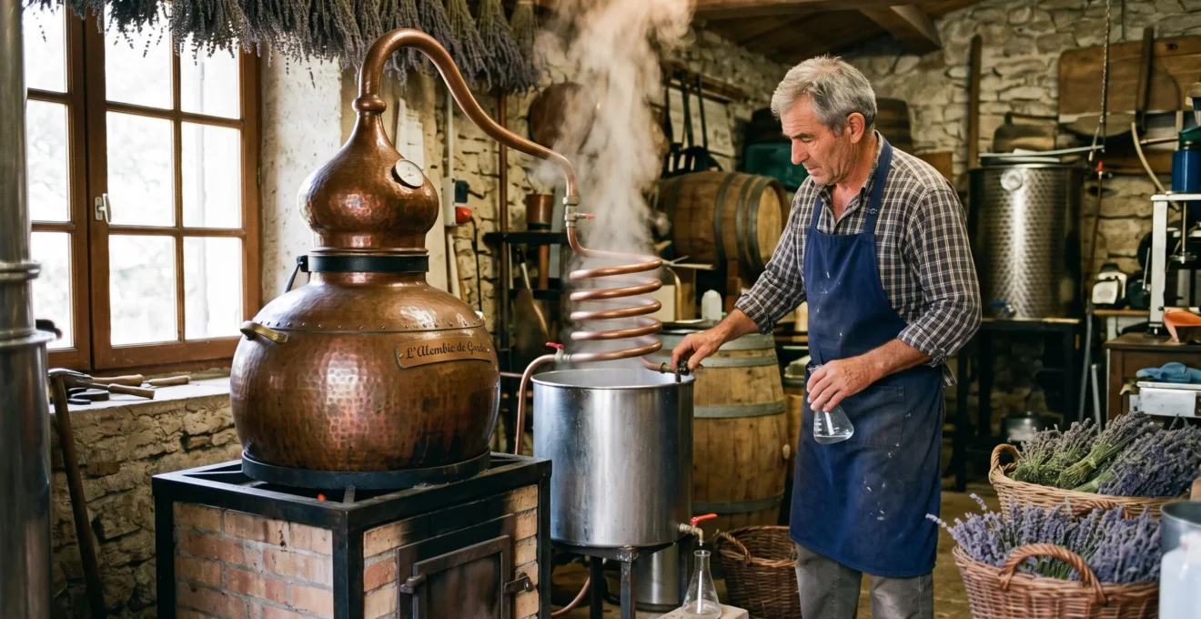 Alambic traditionnel en cuivre durant la distillation d'huile essentielle de lavande avec artisan distillateur