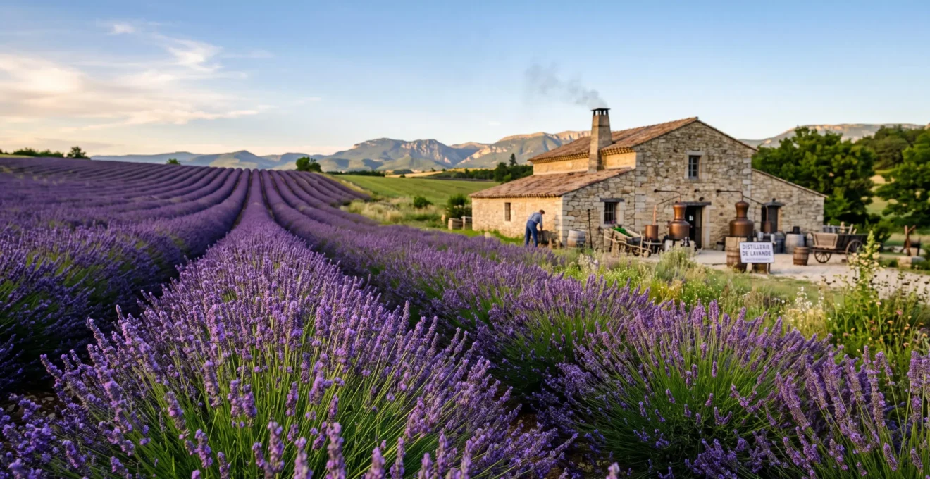 Champ de lavande en fleur sous le soleil avec bâtiment de distillerie traditionnelle en pierre dans le paysage provençal