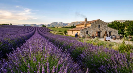 Champ de lavande en fleur sous le soleil avec bâtiment de distillerie traditionnelle en pierre dans le paysage provençal